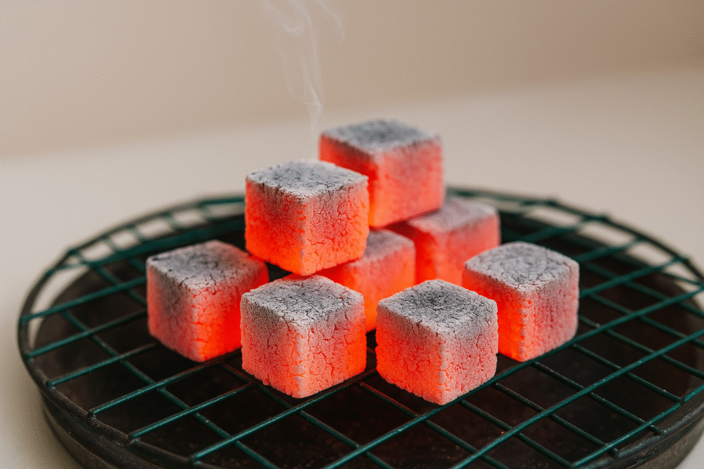 A pile of dense, uniform coconut charcoal briquettes for a clean hookah session